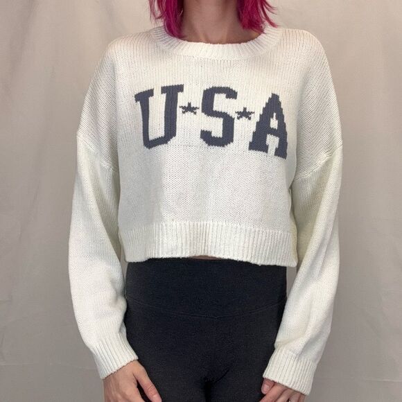 Grayson Threads Women's Pullover Cropped USA Sweater Ivory Blue XL Extra Large - Picture 1 of 13